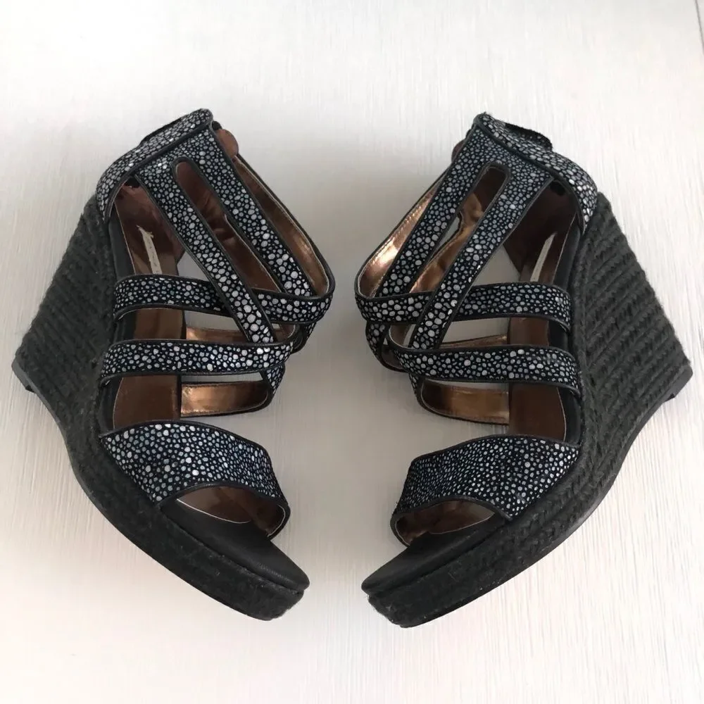 Cynthia Vincent Wedge Sandal In Black & Metallic Speckle Rope Heel